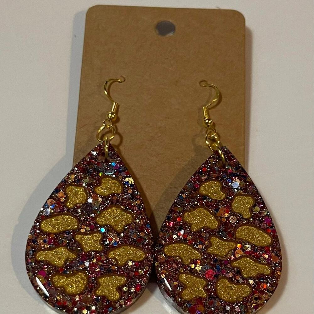 Handmade epoxy resin teardrop earrings - multi color glitter w/‎ gold cowprint